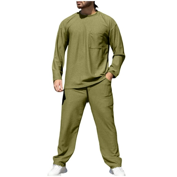 Yusimy Men's Solid Color 2-Piece Waffle Knit T-Shirt Set Crew Neck Long Sleeve Straight Leg Pants Casual Minimalist