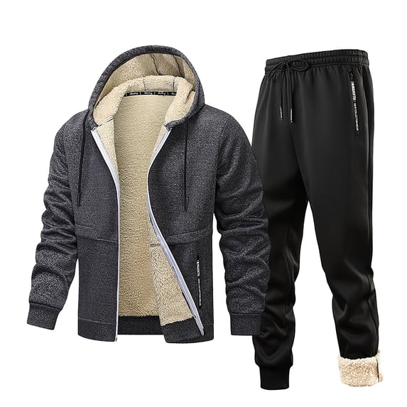 Yusimy Men's Solid Color 2-Piece Warm Hoodie Set Elastic Waist Drawstring Zipper Pocket Long Sleeve Pants Casual