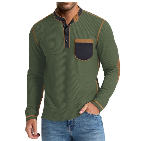 Yusimy Men's Solid & Color-Block Waffle Knit Stand-Up Collar Pocket Pullover Long Sleeve Base Layer Tee Casual Style