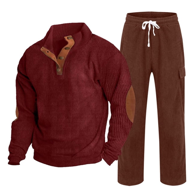 Yusimy Men's Solid Color Corduroy 2-Piece Set Casual Loose Sporty Button-Down Collar Long Sleeve Shirt & Pocket Drawstring Pants
