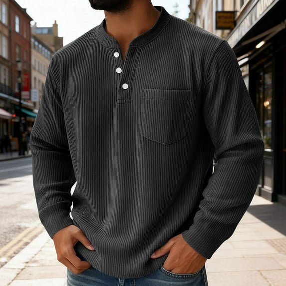 Yusimy Men's Solid Color Corduroy 3-Button Long Sleeve Shirt Casual Classic Style