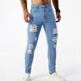 thumbnail image 1 of Yusimy Men's Solid Color Distressed Jeans Patched Pockets Stretch Skinny Fit Tapered Leg Casual Denim Pants Trendy Street Style, 1 of 9