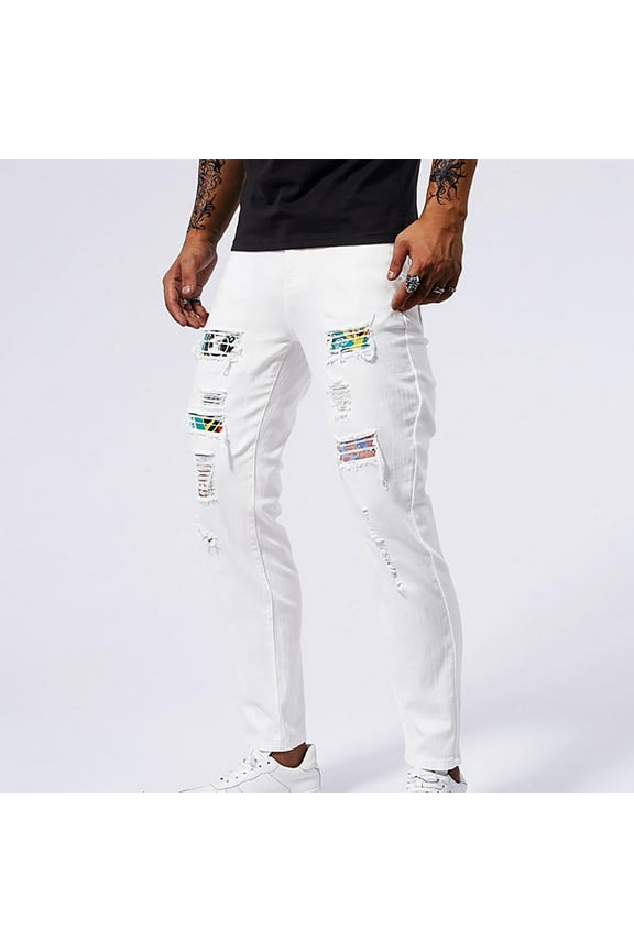 Men's Solid Color Distressed Jeans Patched Pockets Stretch Skinny Fit Tapered Leg Casual Denim Pants Trendy Street Style