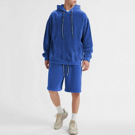 Yusimy Men's Solid Color Fashion 2-Piece Hoodie Short Set Long Sleeve Elastic Waist Drawstring Casual Shorts