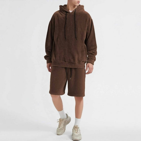 Yusimy Men's Solid Color Fashion 2-Piece Hoodie Short Set Long Sleeve Elastic Waist Drawstring Casual Shorts
