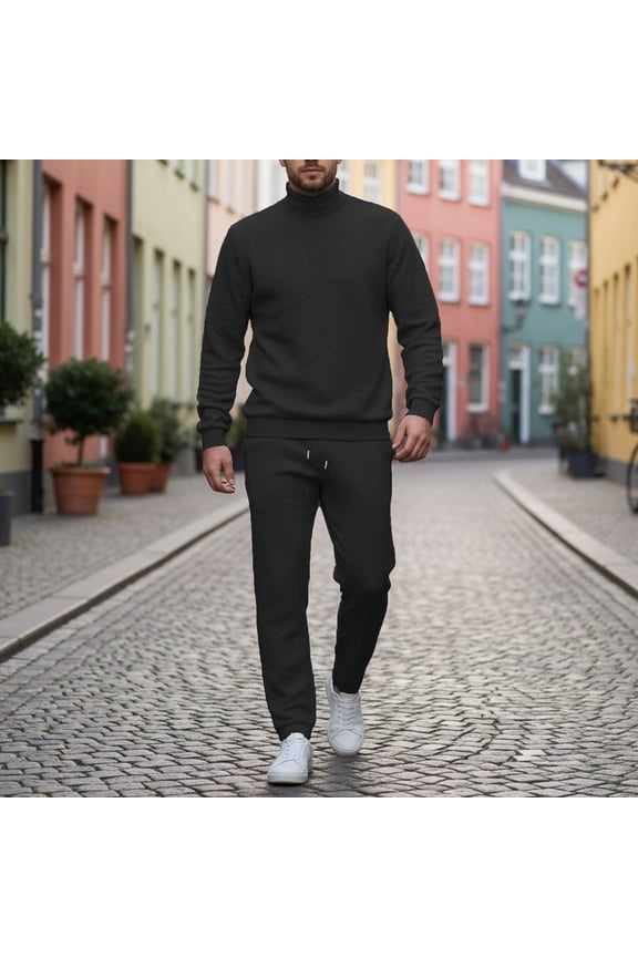 Men's Solid Color Fashion 2-Piece Turtleneck Knit Set Jacquard Long Sleeve Warm Casual Sweater Pants