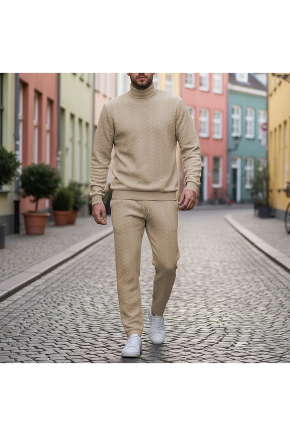Men's Solid Color Fashion 2-Piece Turtleneck Knit Set Jacquard Long Sleeve Warm Casual Sweater Pants