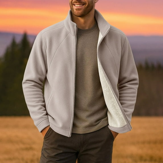 Yusimy Men's Solid Color Fleece Jacket with Zip-Front Long Sleeve and Multiple Pockets Outdoor Casual Warm Style
