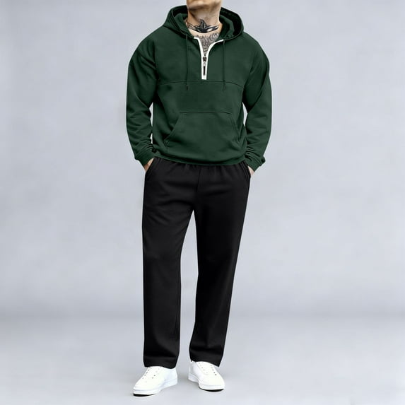 Yusimy Men's Solid Color Fleece-Lined 2-Piece Hoodie Cargo Set Long Sleeve Casual Sports Pants Warm