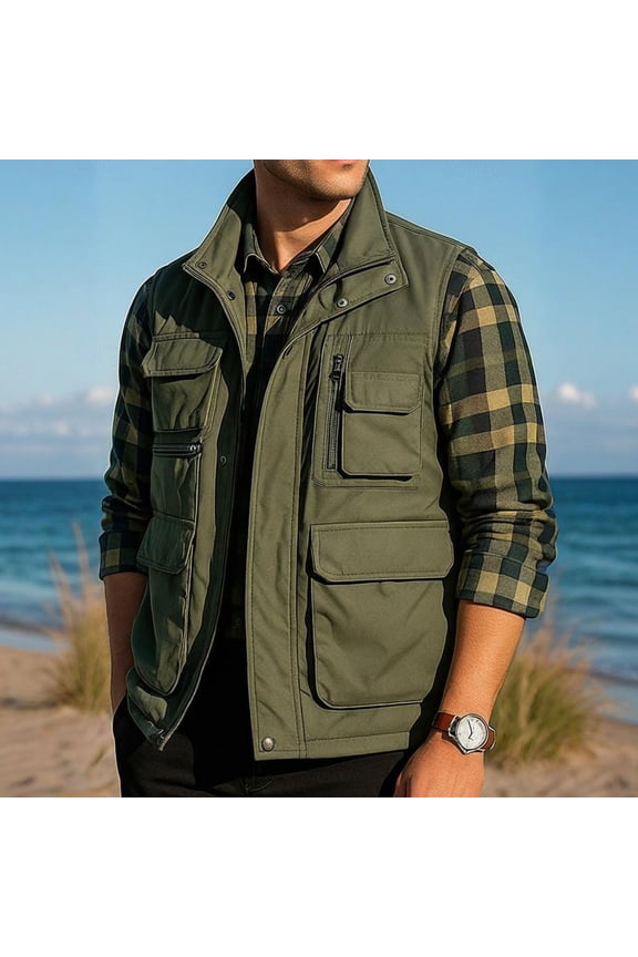 Men's Solid Color Fleece-Lined Work Vest Sleeveless Multiple Pockets Inner Pocket Outdoor Photography Utility Style Jacket
