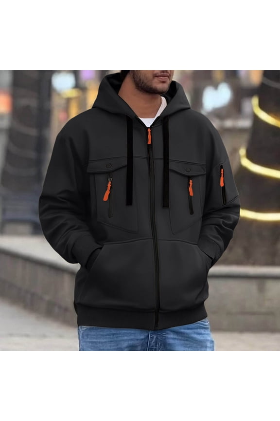 Men's Solid Color Hoodie Zip-Up Long Sleeve Multi-Pocket Casual Streetwear Urban Utility Style Daily Wear