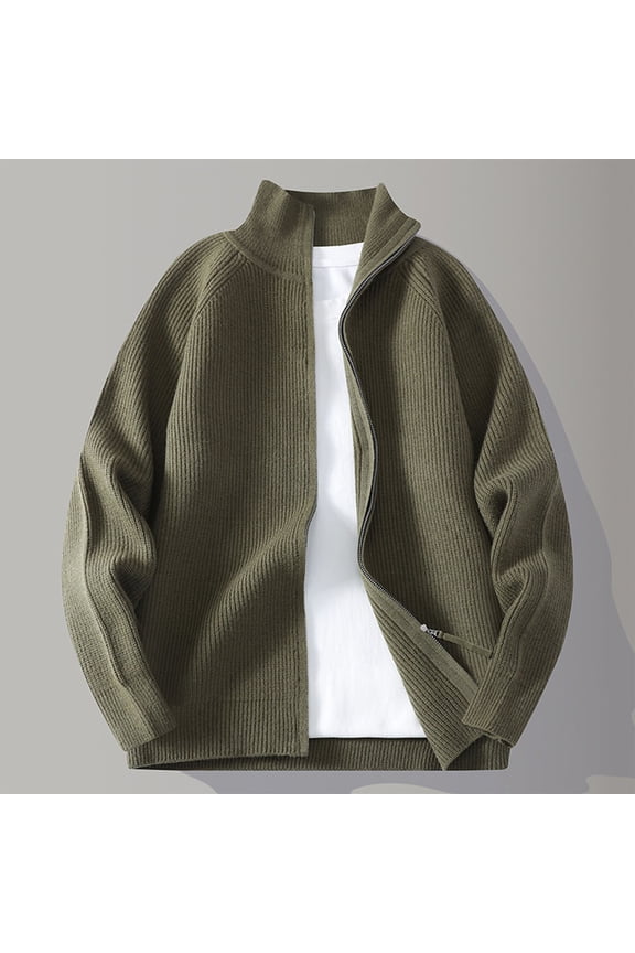 Men's Solid Color Jacquard Knit Cardigan Half Stand Collar Dual-Zip Front Oversized Casual Sweater Youth Stylish Pullover