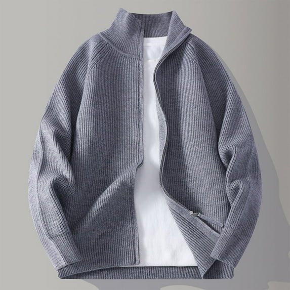 Yusimy Men's Solid Color Jacquard Knit Cardigan Half Stand Collar Dual-Zip Front Oversized Casual Sweater Youth Stylish Pullover