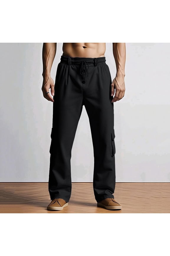 Men's Solid Color Linen-Cotton Straight-Leg Cargo Pants Casual Beach Pocket Pants
