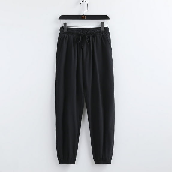 Yusimy Men's Solid Color Linen-Like Loose Fit Drawstring Waist Casual Sporty Tapered Cuff Cropped Pants with Pockets