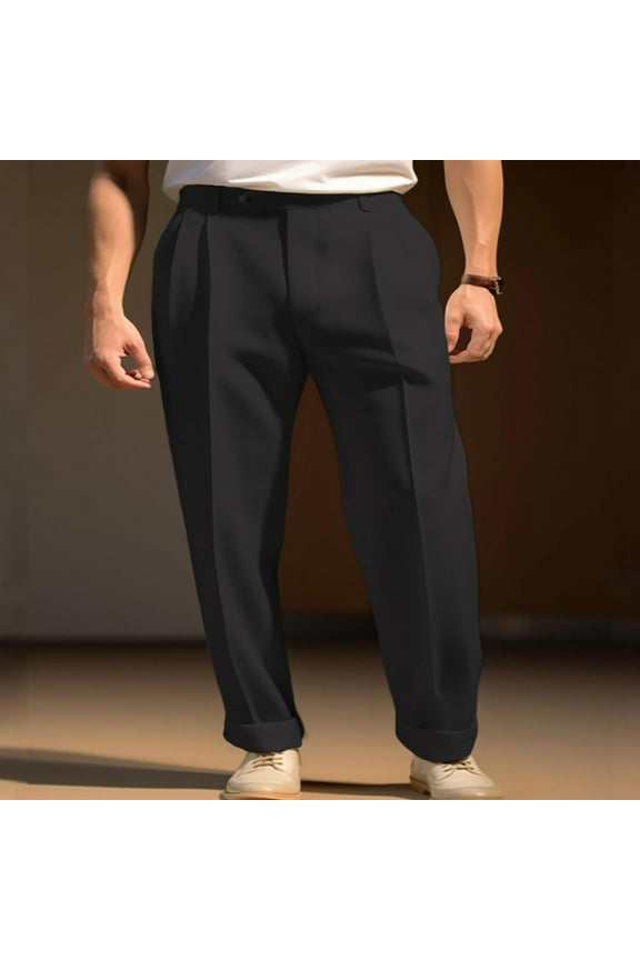 Men's Solid Color Pleated Straight Leg Dress Pants with Slanted Pockets & Button Closure Business Formal Trousers