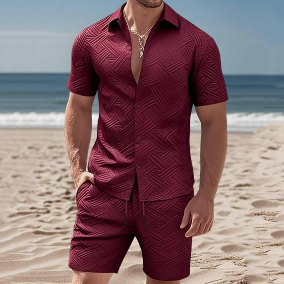 Yusimy Men's Solid Color Running Fitness Turn Down Collar Button Closure Short Sleeve Shirt And Drawstring Pocket Shorts Set