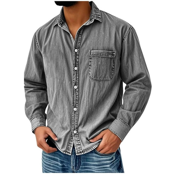 Yusimy Men's Solid Color Vintage Washed Button-Down Collar Zip-Front Long Sleeve Denim Shirt Jacket Casual Style