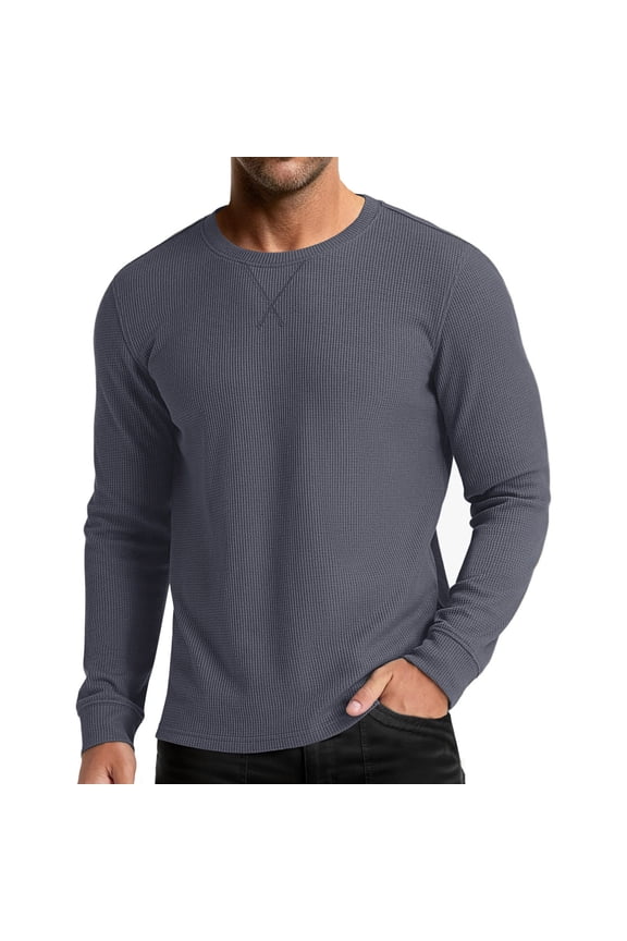 Men's Solid Color Waffle Knit Crew Neck Pullover Long Sleeve Base Layer Tee Casual Style