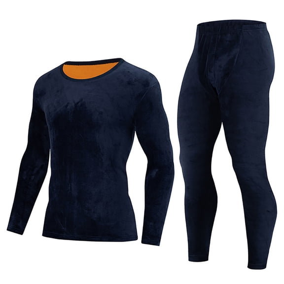 Yusimy Men's Solid Color Warm Pajama 2-Piece Set Breathable Fitted Pants Long Sleeve Crew Neck Loungewear