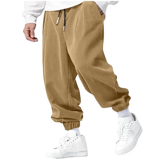 Yusimy Men's Solid Corduroy Cuffed Pants - Elastic Waist Drawstring Casual Retro Daily Wear Trousers