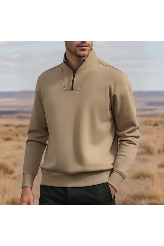 Men's Solid Long Sleeve Half-High Neck Zip Thermal Pullover Hoodie - Warm Fabric Zip Detail Slim Fit Casual Basic Style for Layering Cold Weather