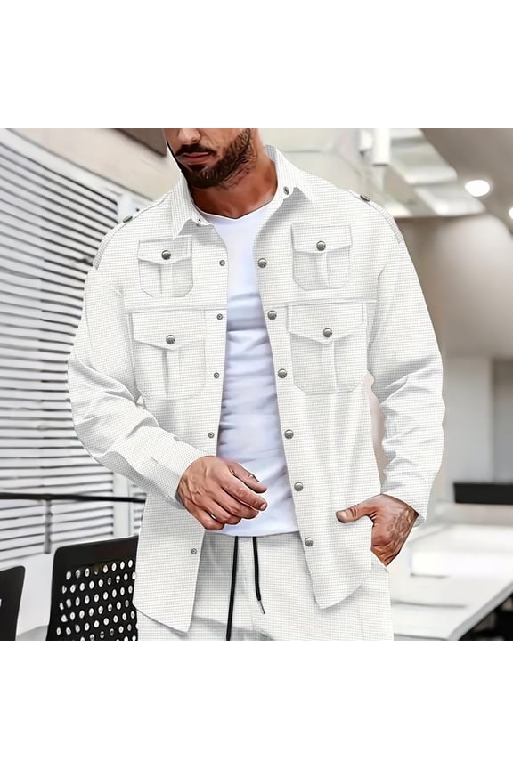 Men's Solid Snap Closure Cardigan Waffle Knit Multi Pocket Casual Utility Shirt Jacket
