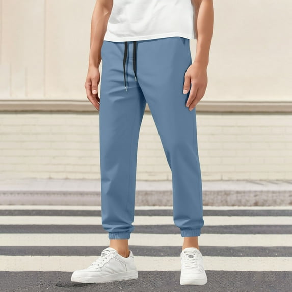 Yusimy Men's Solid Straight Pants Fleece-Lined Thickened Elastic Waist Drawstring Knee Warm Casual Winter Thermal