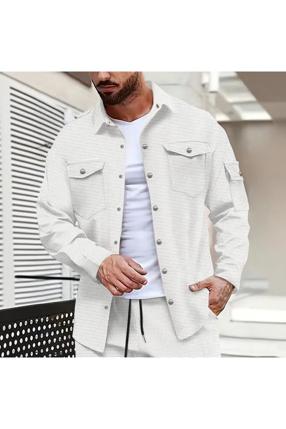 Men's Solid Waffle Shacket Snap Button Pocket Shirt Jacket Long Sleeve Casual Utility