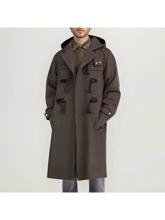Men's Solid Wool Mid-Length Toggle Button Coat Casual Fashion Hooded Trench Jacket
