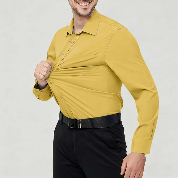 Yusimy Men's Solid Wrinkle-Resistant Button-Down Shirt - Spread Collar Long Sleeve, Stretchy Non-Iron Draping Fabric, Business Casual Style for Office & Events