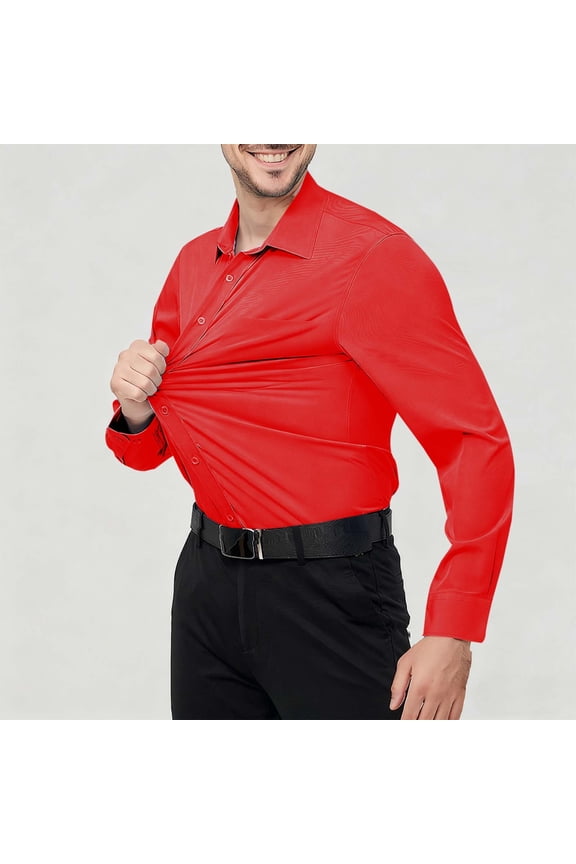 Men's Solid Wrinkle-Resistant Button-Down Shirt - Spread Collar Long Sleeve, Stretchy Non-Iron Draping Fabric, Business Casual Style for Office & Events