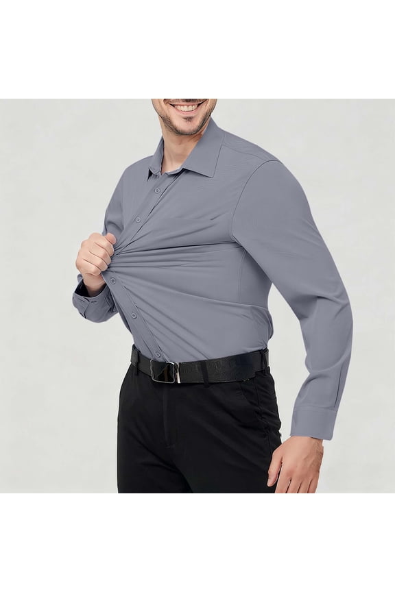 Men's Solid Wrinkle-Resistant Button-Down Shirt - Spread Collar Long Sleeve, Stretchy Non-Iron Draping Fabric, Business Casual Style for Office & Events