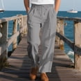 thumbnail image 1 of Yusimy Men's Straight Leg Pants Vertical Stripe Solid Color Elastic Waistband Drawstring Pockets Cotton-Linen Blend Casual Urban Style, 1 of 9