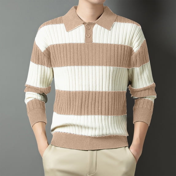Yusimy Men's Striped Color-Block Knit Sweater - Long Sleeve Turn-Down Collar Slim Fit Stand Collar, Modern Minimalist Style