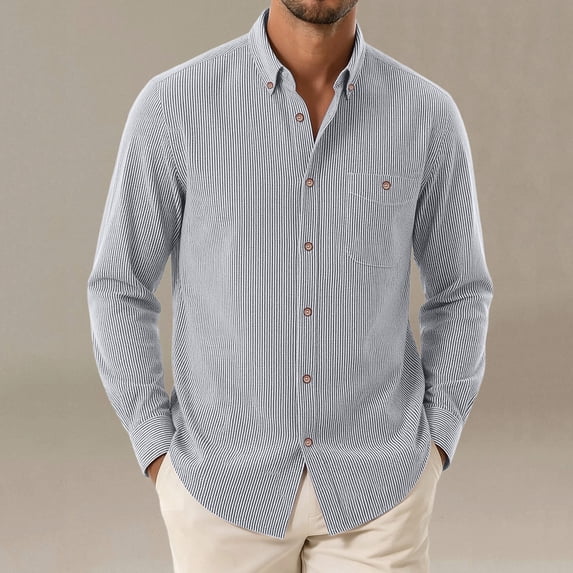 Yusimy Men's Striped Long Sleeve Shirt, Chest Pocket Turn-Down Collar, Classic Casual Fashion Top for Daily Office Wear