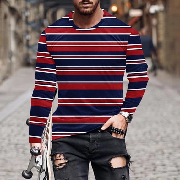 Yusimy Men's Striped Print Long Sleeve Round Neck Pullover T-Shirt Casual Style