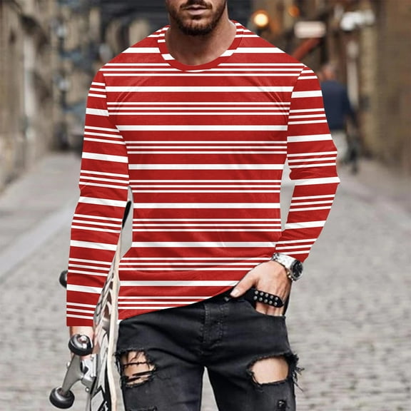 Yusimy Men's Striped Print Long Sleeve Round Neck Pullover T-Shirt Casual Style