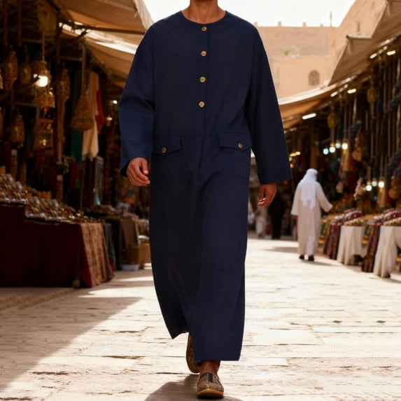 Yusimy Men's Thobe Solid Color Long Sleeve Crew Neck Button-Front Traditional Islamic Casual Robe