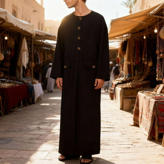 Yusimy Men's Thobe Solid Color Long Sleeve Crew Neck Button-Front Traditional Islamic Casual Robe