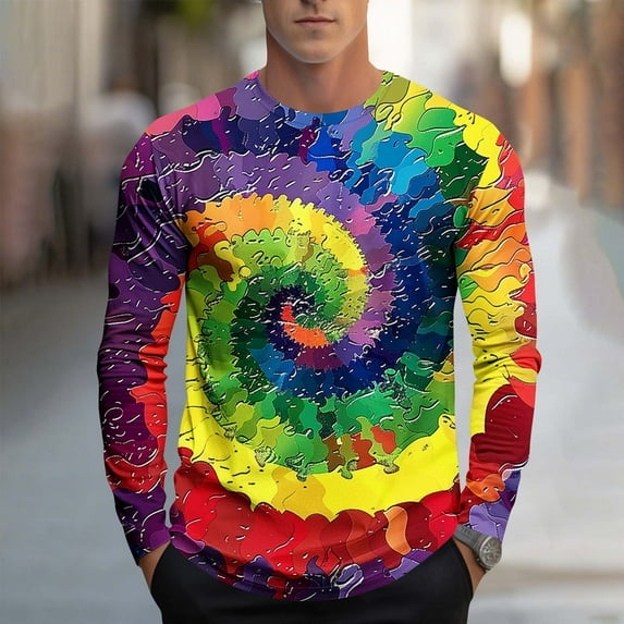 Yusimy Men's Tie-Dye Printed Sporty Long Sleeve Crewneck Top - Fashionable Casual Style, Soft Fabric, Vibrant Pattern, Perfect for Daily Wear & Sports