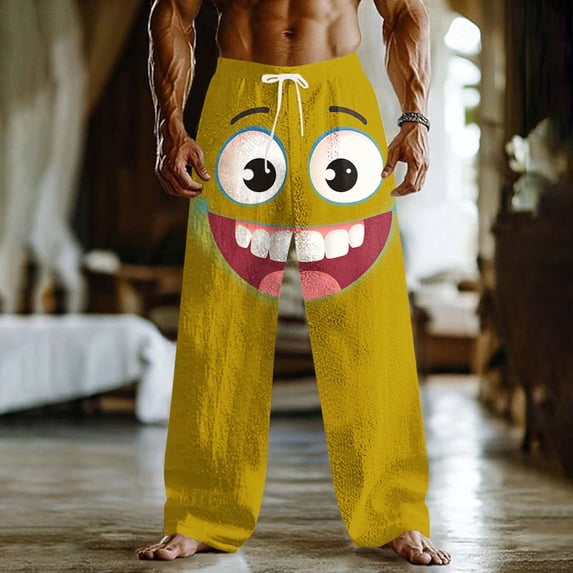 Yusimy Men's Unique Cartoon Face Pants Loose Fit Casual Pants Mid Rise Fun Outdoor Vacation Elastic Drawstring Waist Autumn Cotton Blend Pants with Pockets