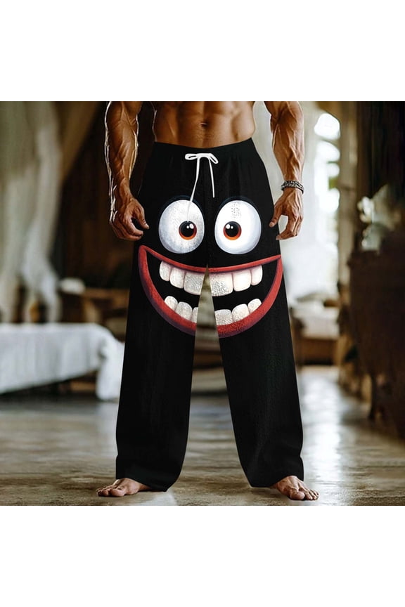 Men's Unique Cartoon Face Pants Loose Fit Casual Pants Mid Rise Fun Outdoor Vacation Elastic Drawstring Waist Autumn Cotton Blend Pants with Pockets