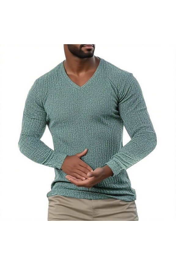 Men's V-Neck Sweater Sport Fitness Long Sleeve Solid Color Casual Knit Shirt Top Casual Style