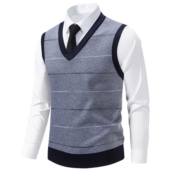 Yusimy Men's V-Neck Vest Winter Fleece-Lined Striped Stretch Knit British Style Heritage Inspired Layering Piece