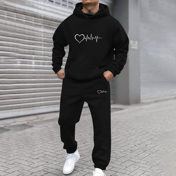 Yusimy Men's Valentine's Day Print 2-Piece Hoodie Set Pullover Long Sleeve Pocket Elastic Waist Pants Casual Sports