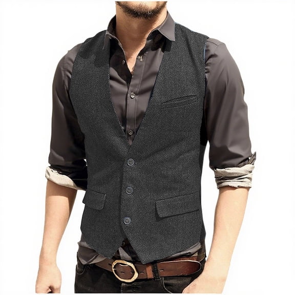 Yusimy Men's Vest Solid Color Sleeveless V-Neck Single-Breasted Multi-Pocket Vest Casual Layering Style