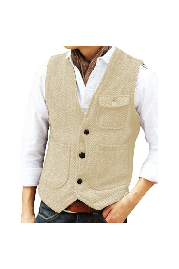 Men's Vest Solid Color Sleeveless V-Neck Single-Breasted Multi-Pocket Vest Casual Layering Style