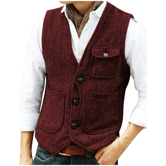 Yusimy Men's Vest Solid Color Sleeveless V-Neck Single-Breasted Multi-Pocket Vest Casual Layering Style