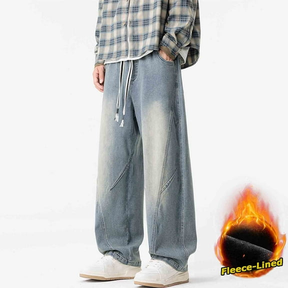 Yusimy Men's Vintage Fleece-Lined Wide-Leg Jeans - Drawstring Pocket Loose Winter Warm Casual Trousers